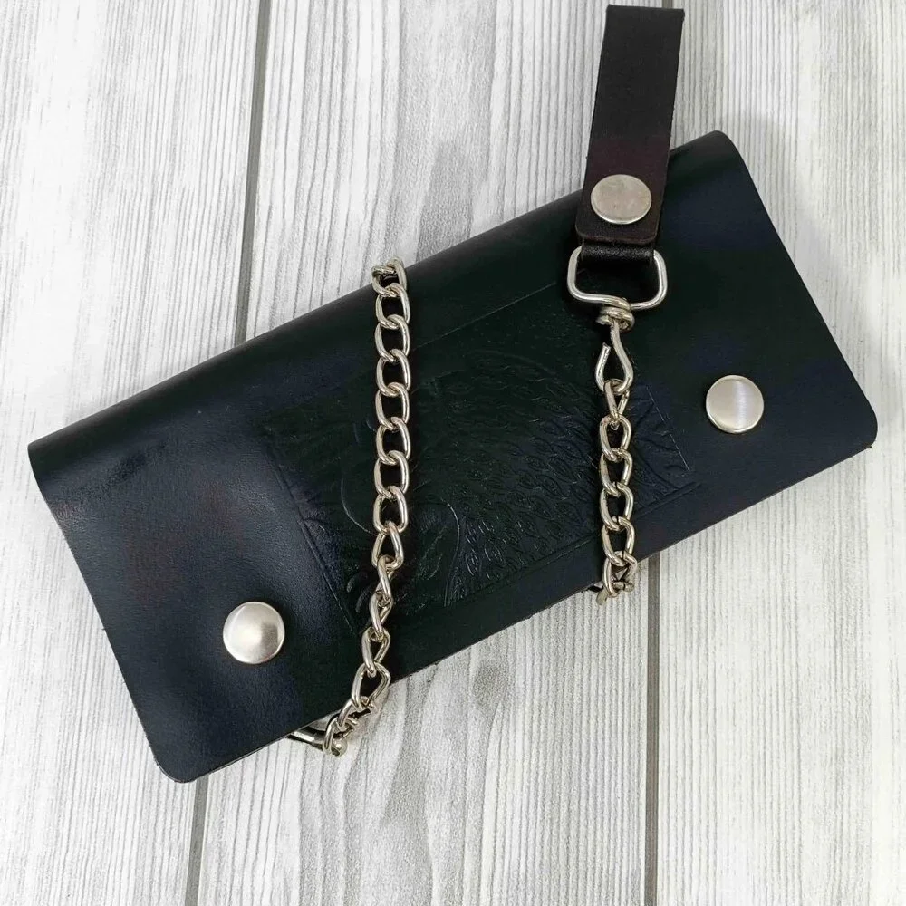Black Leather Trifold Wallet with Chain